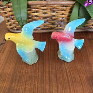Vintage Royal Copley Bird Figurines Yellow Pink Blue Pastel Mid Century Birding